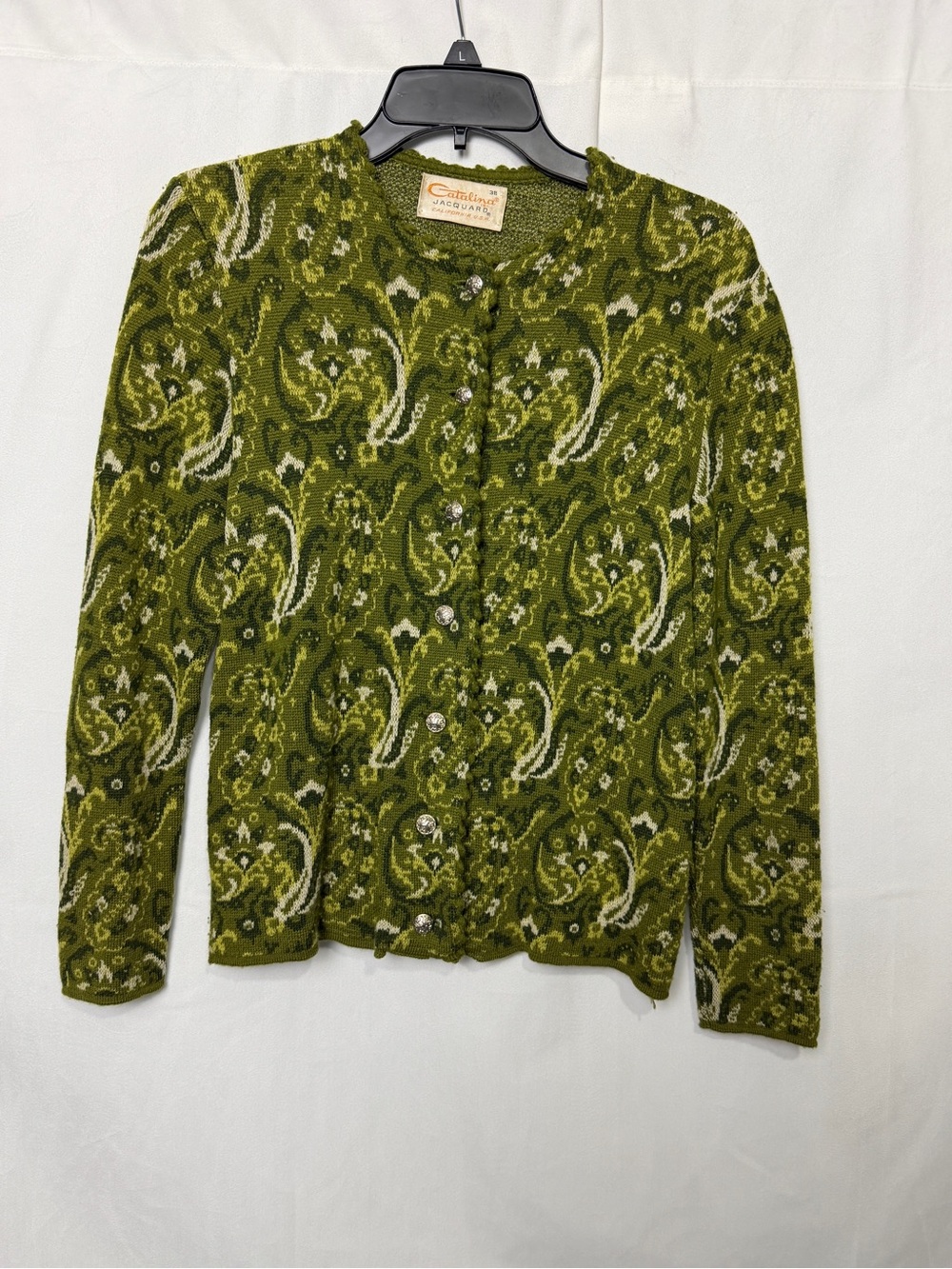 VTG 60s Catalina Jacquard Green Paisley Knit Cardigan Sweater Sz 38 (small)